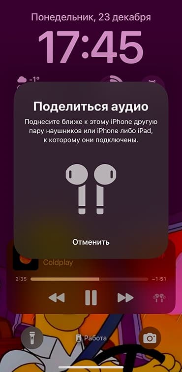 Экран подключения второй пары AirPods через Поделиться аудио