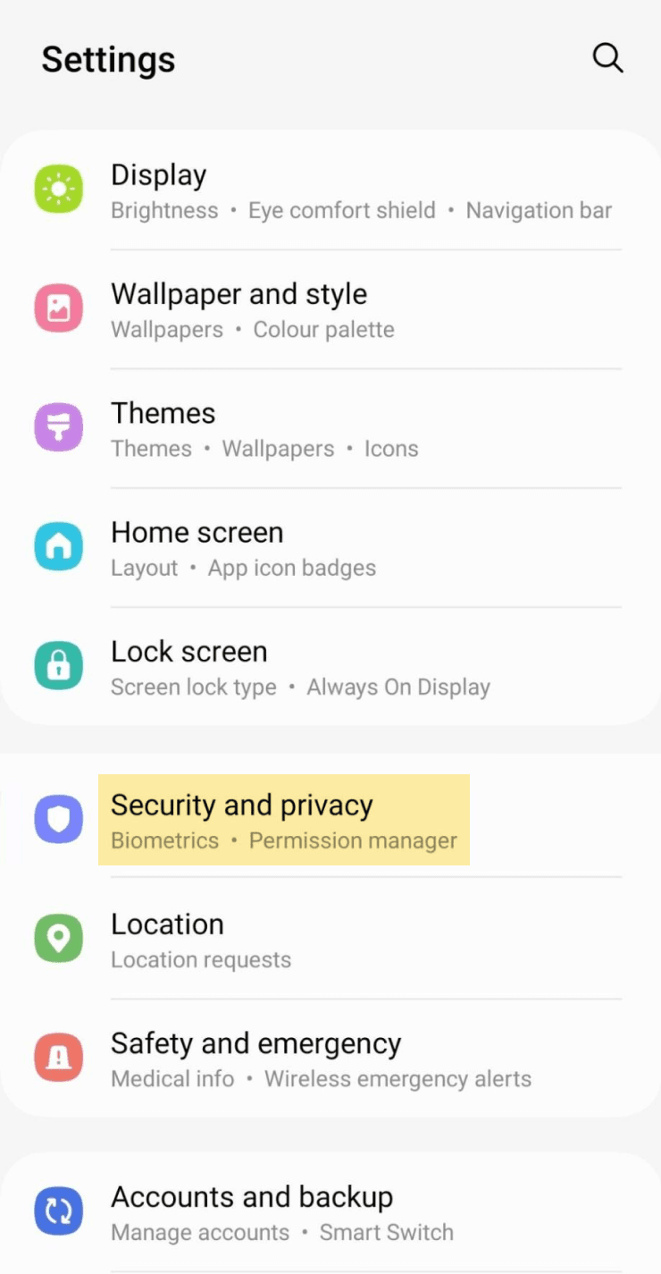 Раздел Security and privacy на Samsung Galaxy