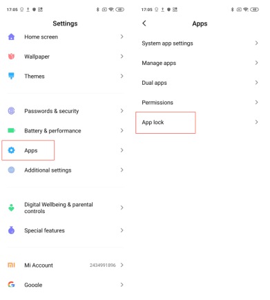 Путь Settings Apps App lock на Xiaomi