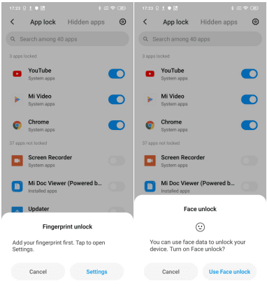 Список приложений и биометрия в Xiaomi App lock