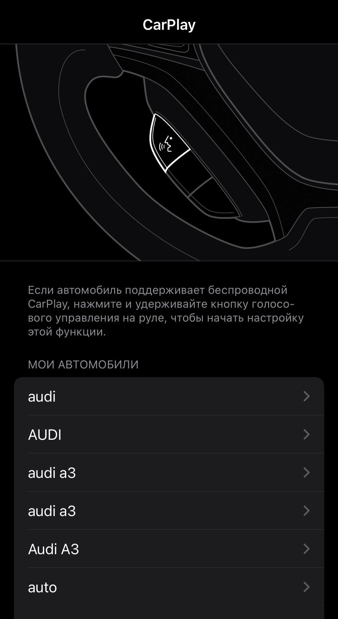 Список автомобилей в настройках CarPlay на iPhone