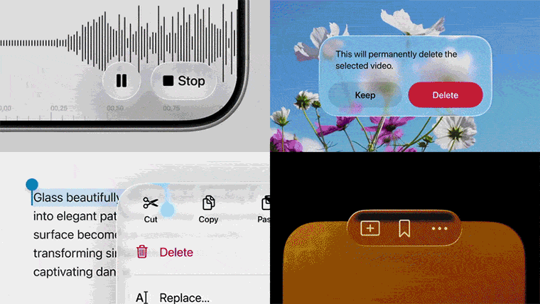 Анимация стеклянных элементов интерфейса iOS 26