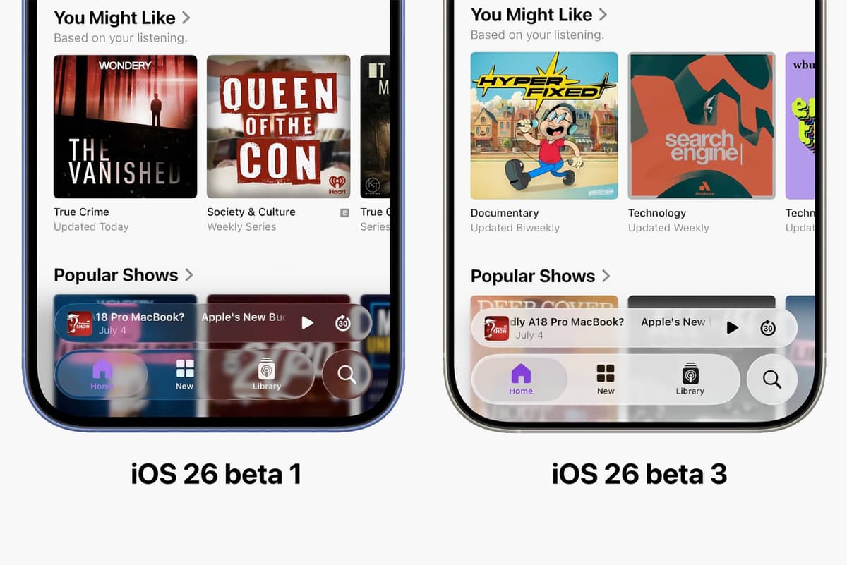 Сравнение прозрачности Liquid Glass в ранних версиях iOS 26