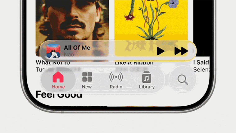 Панель плеера в стиле Liquid Glass в iOS 26