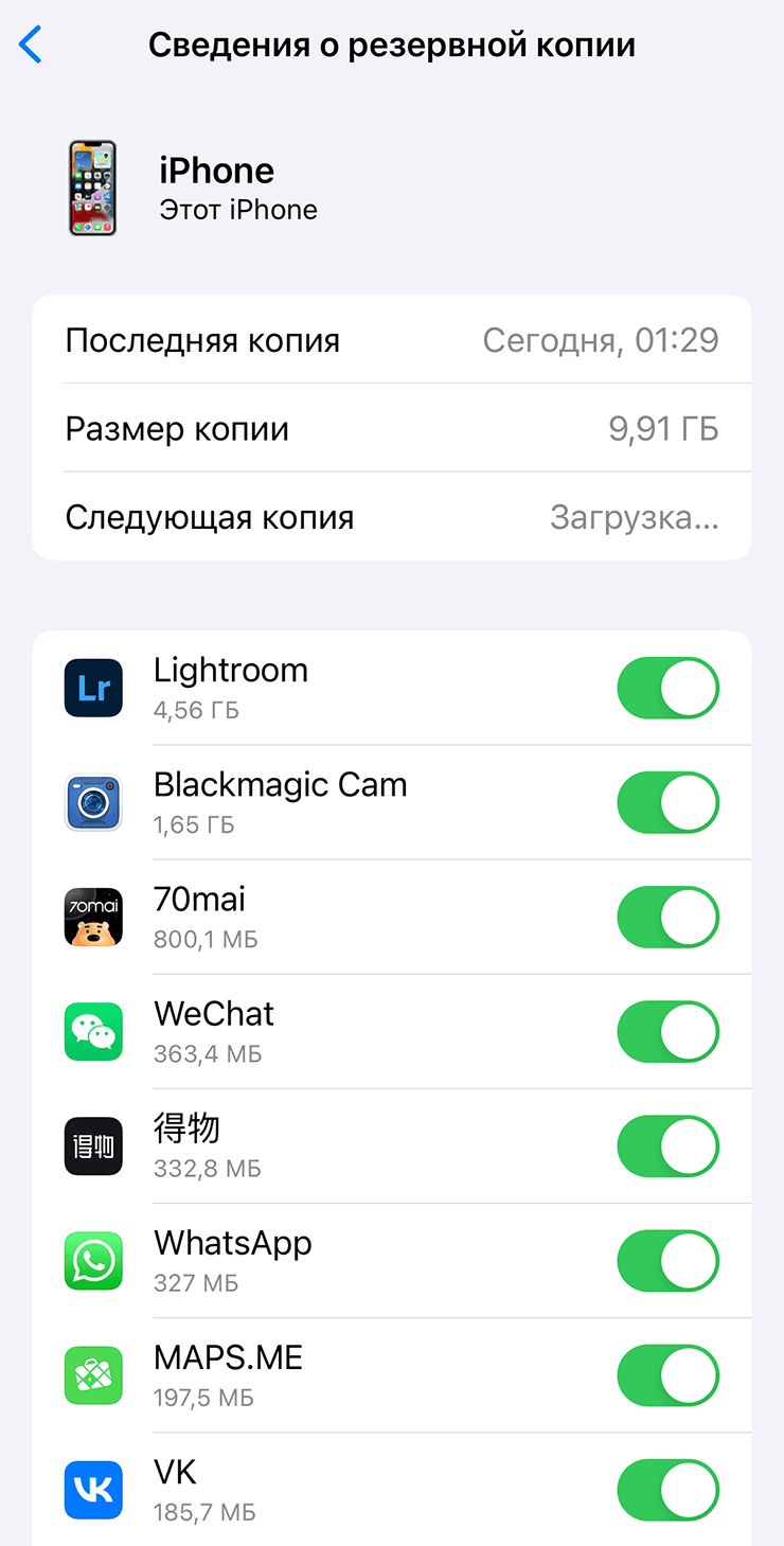 Сведения о резервной копии iPhone в iCloud