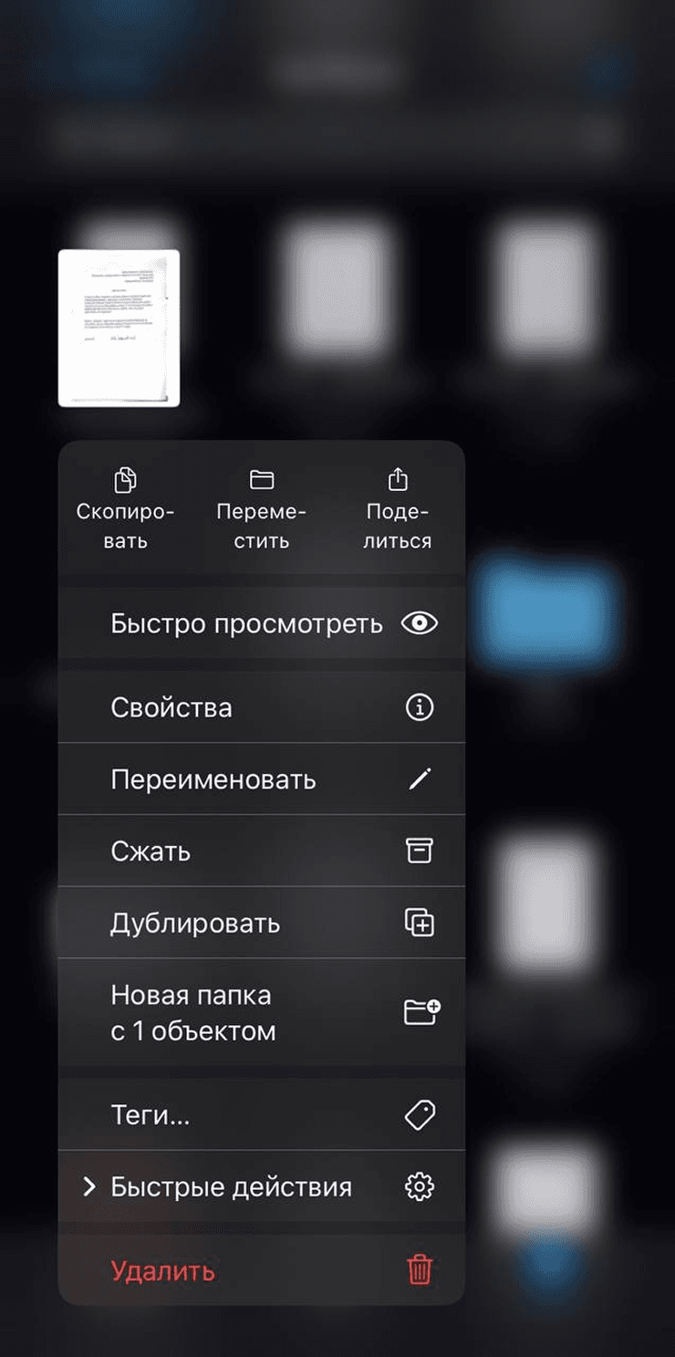 Меню действий с файлом на iPhone