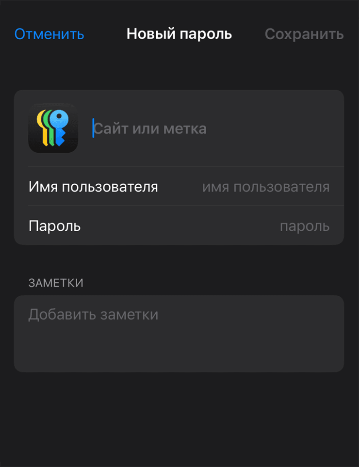 Экран добавления нового пароля на iPhone