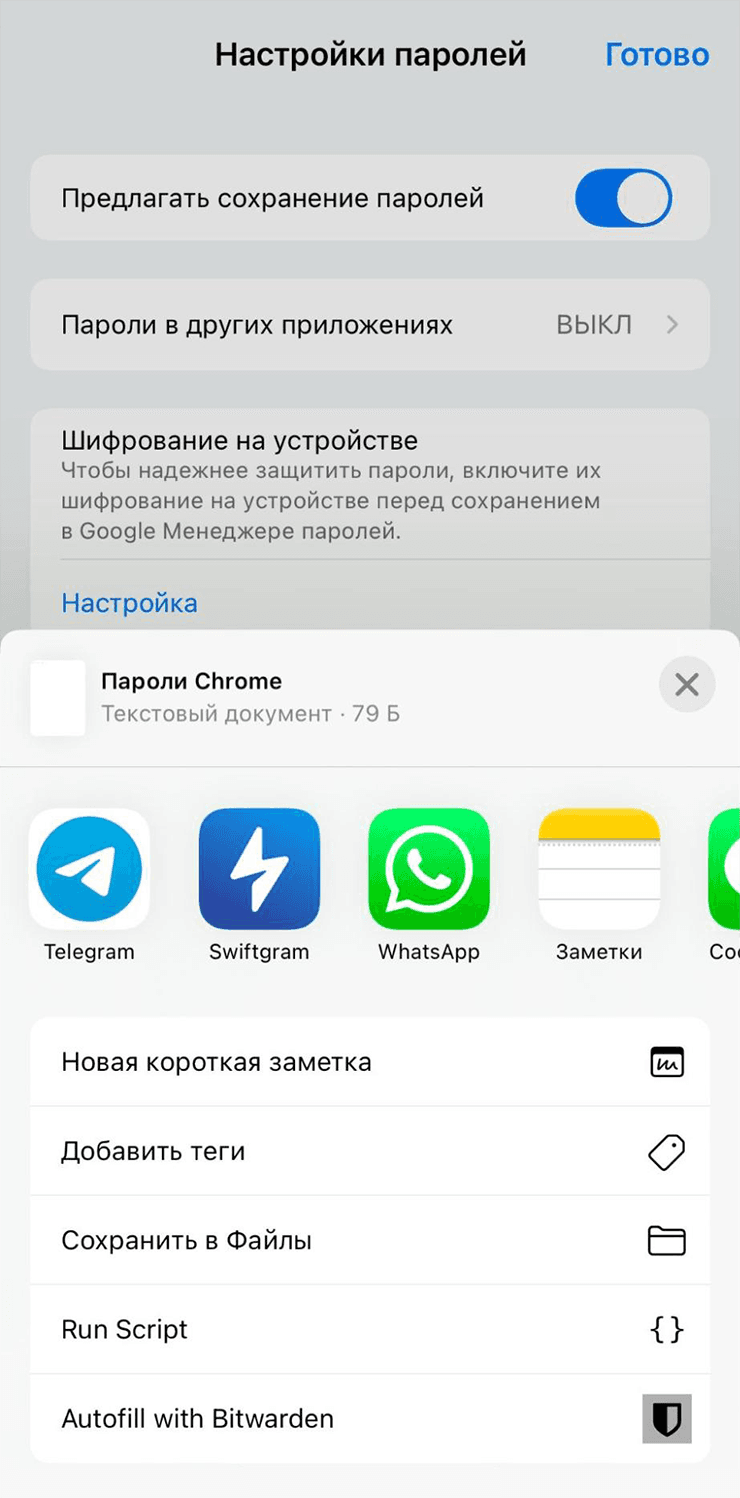 Сохранение CSV-файла с паролями через меню Поделиться