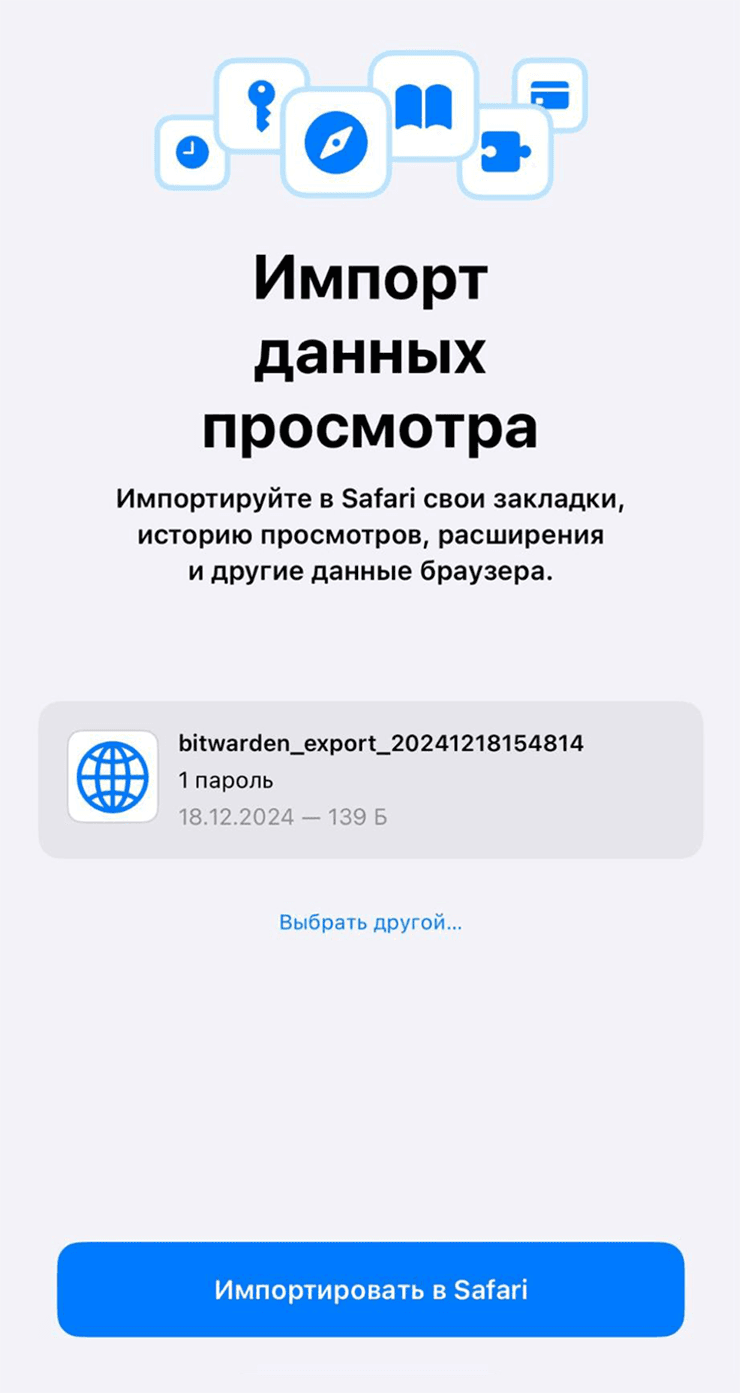 Экран импорта данных просмотра в Safari