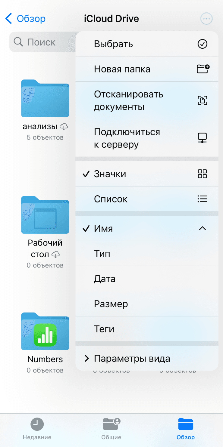 Пункт Отсканировать документы в приложении Файлы