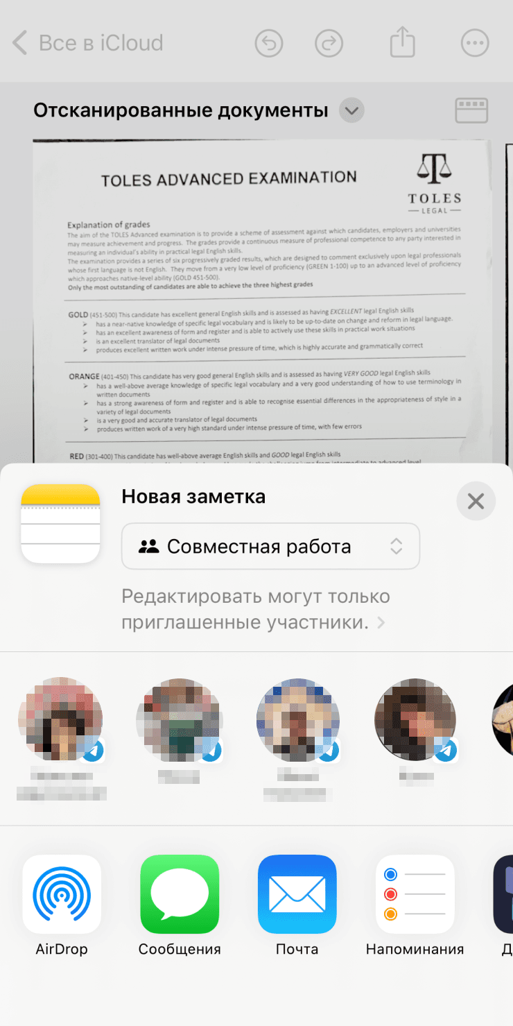 Меню Поделиться для отсканированного документа в Заметках