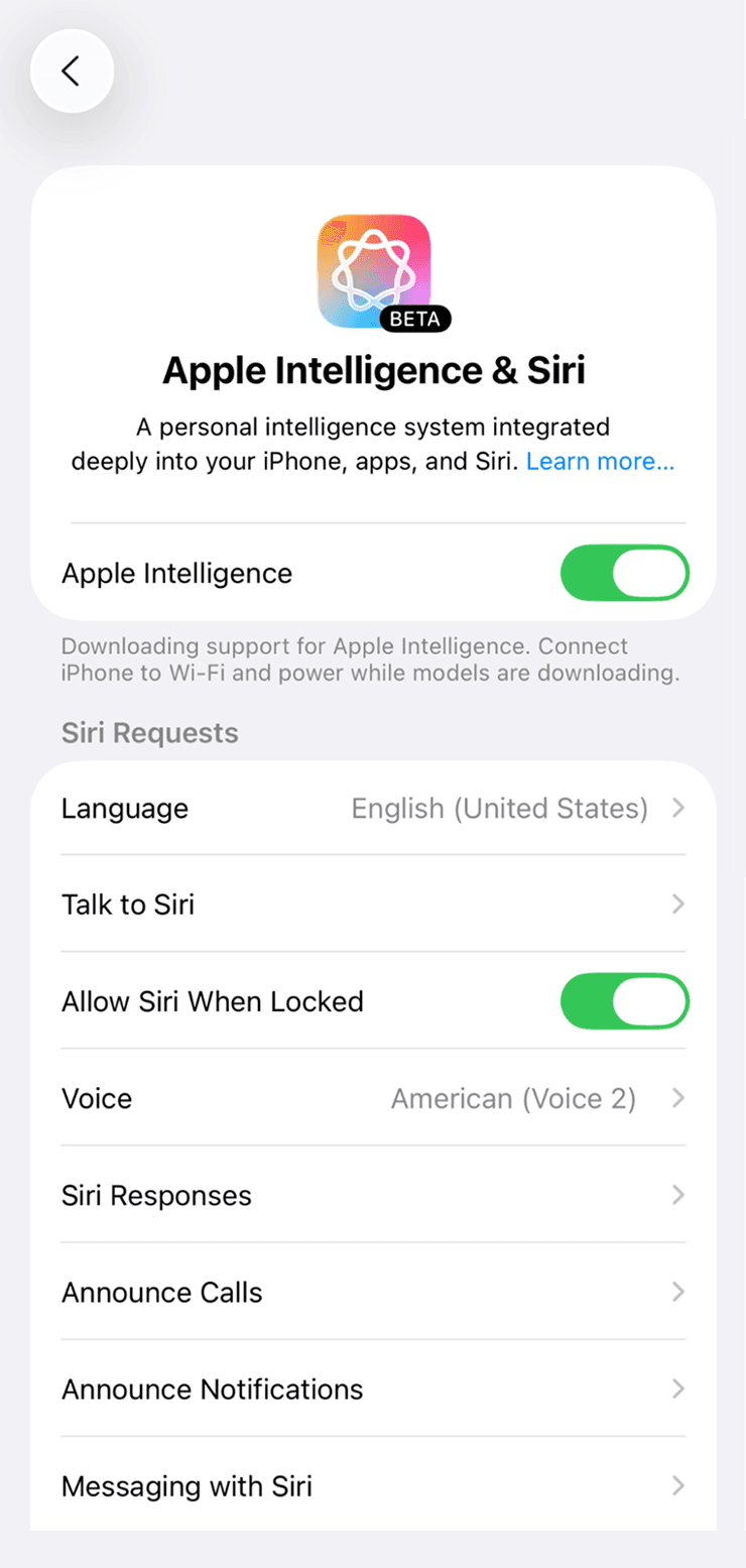 Apple Intelligence и Siri включены в настройках iPhone