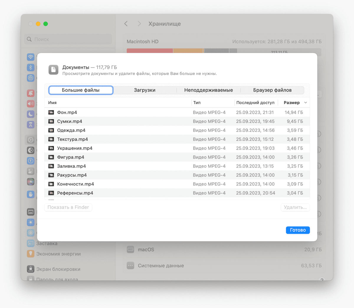 Список больших файлов в macOS