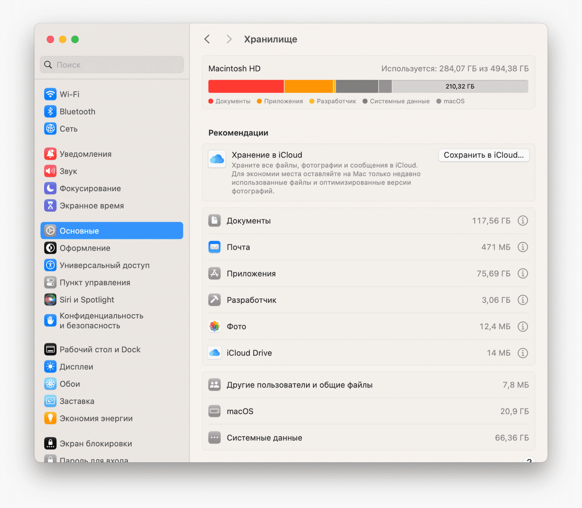 Раздел Хранилище в настройках macOS