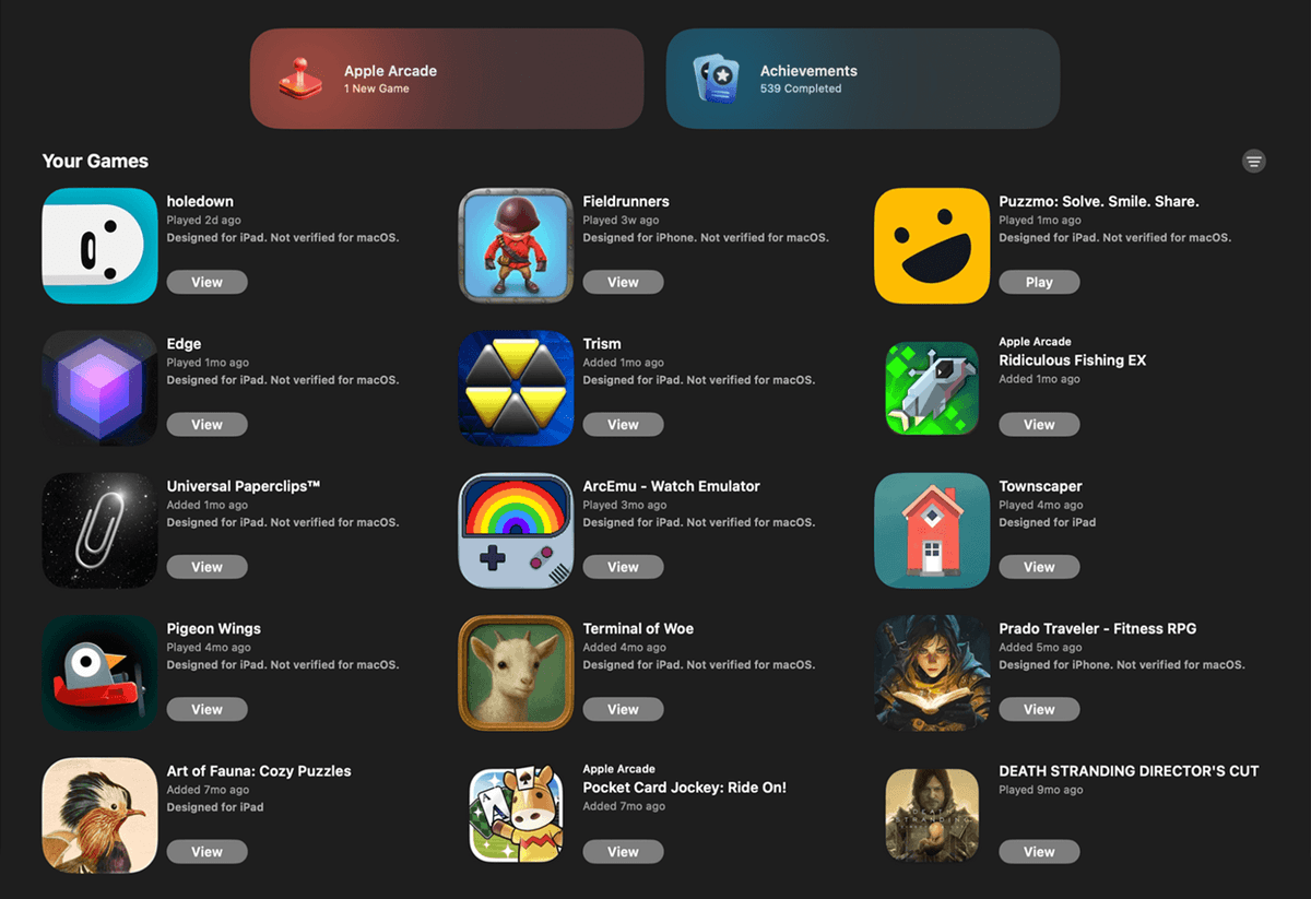 Библиотека игр в macOS Tahoe
