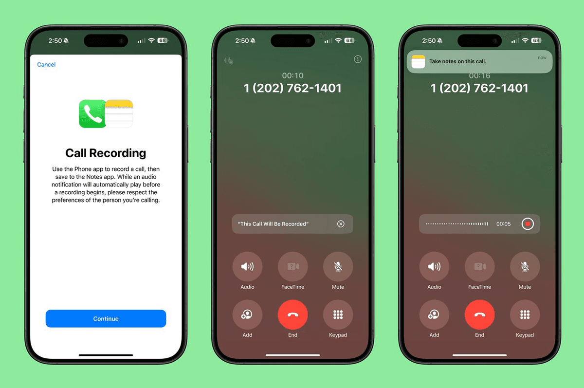 Интерфейс записи звонка на iPhone и Android из исходного материала Т-Ж