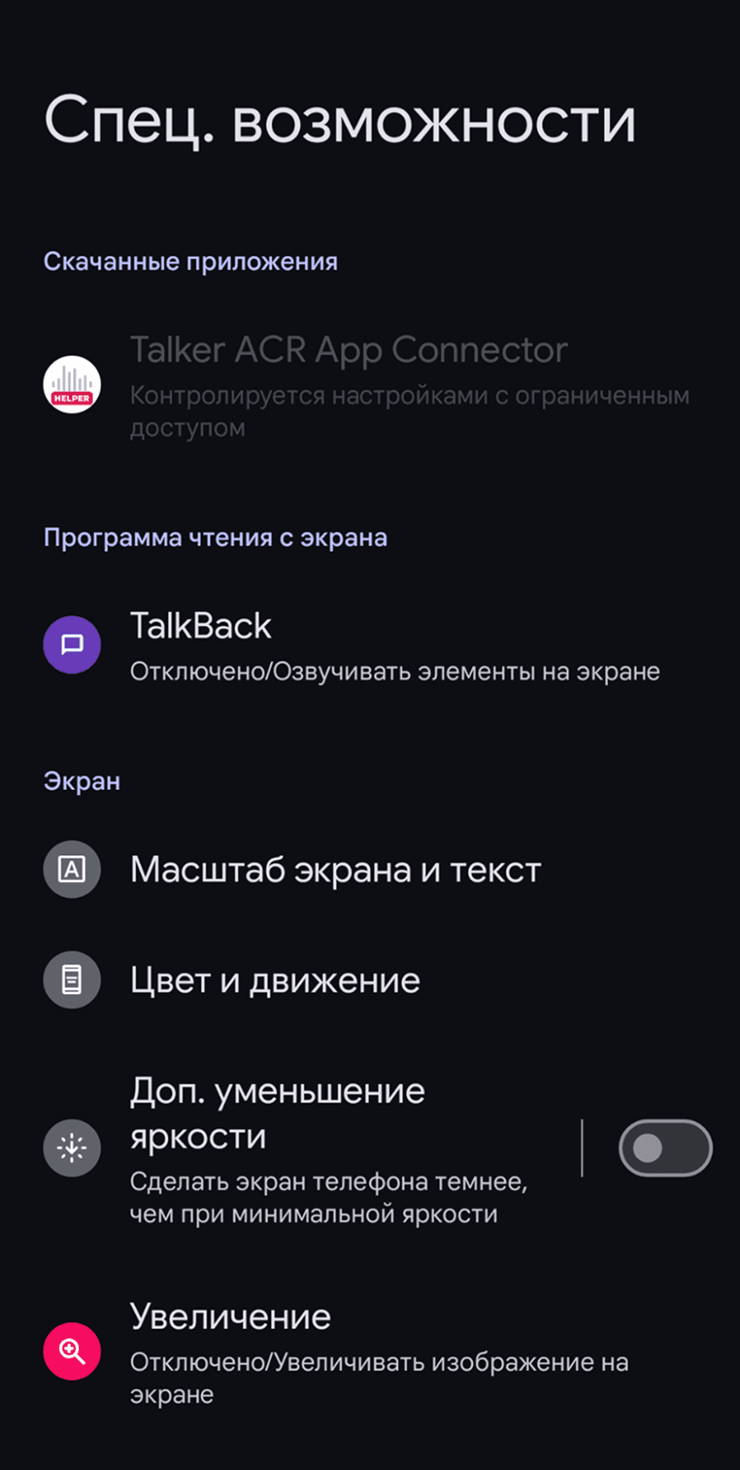 Раздел специальных возможностей для сервиса записи звонков