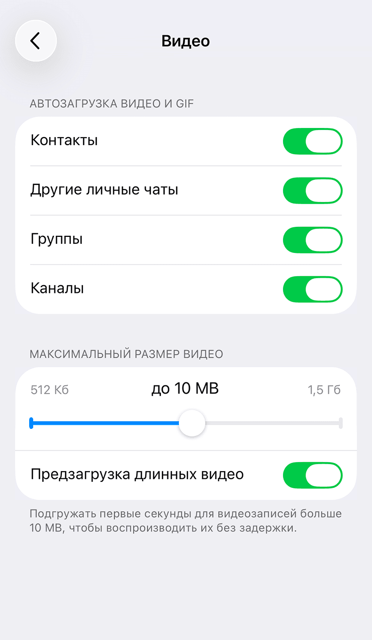 Настройки автозагрузки видео и GIF в Telegram