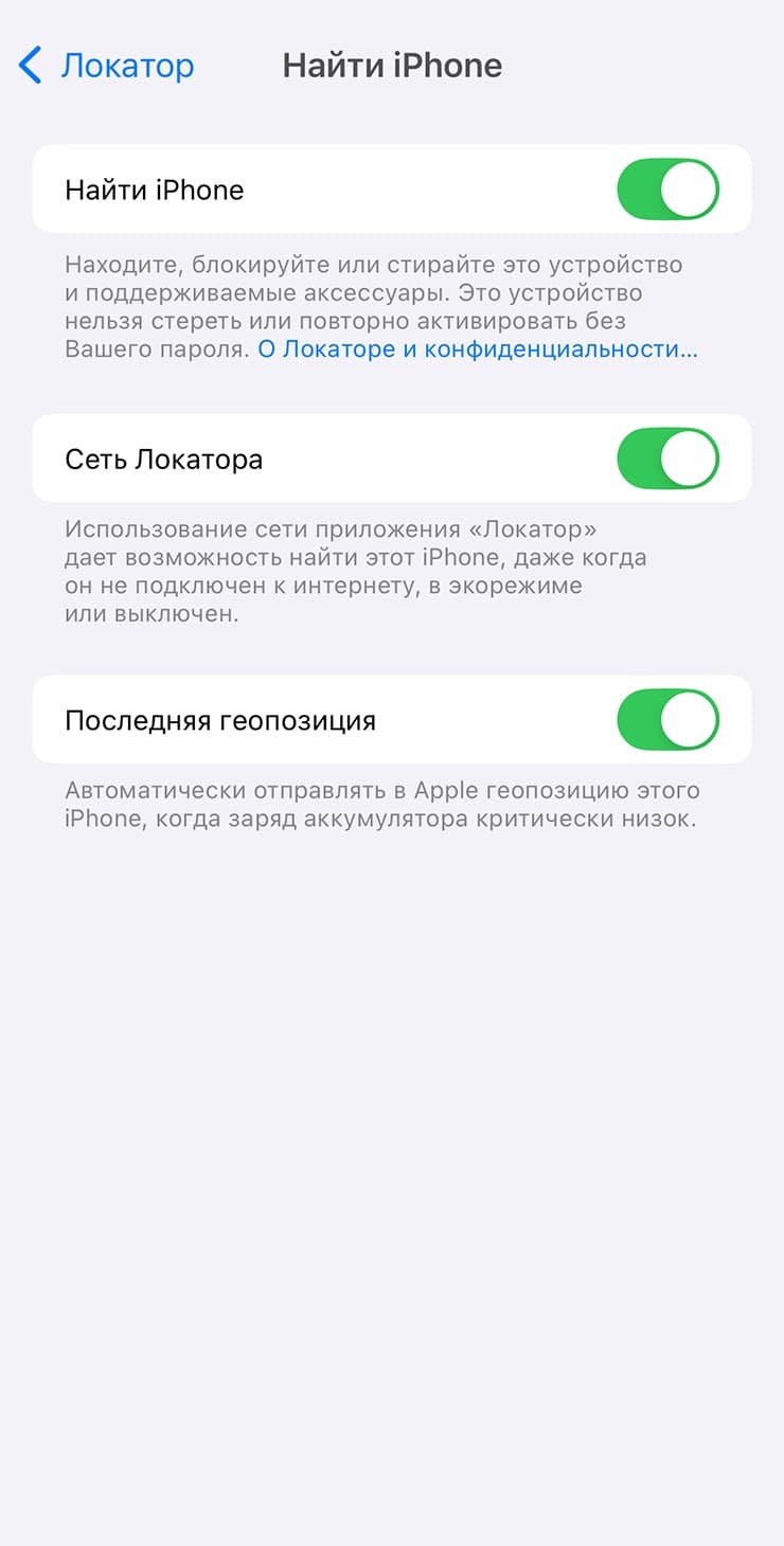 Включенные Найти iPhone, Сеть Локатора и Последняя геопозиция