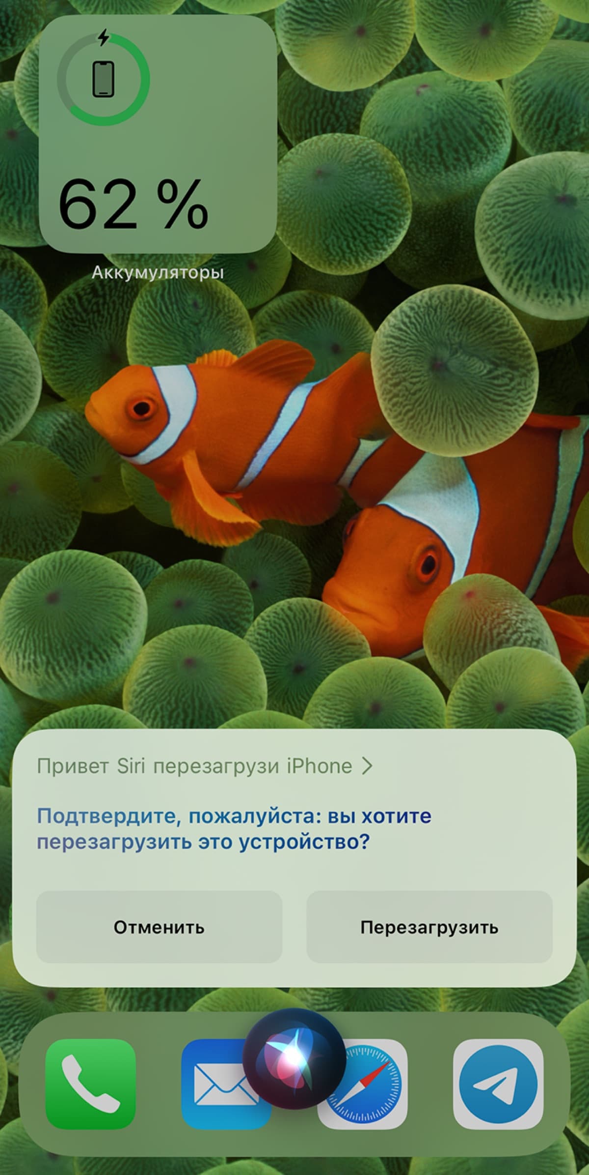 Siri просит подтвердить перезагрузку iPhone