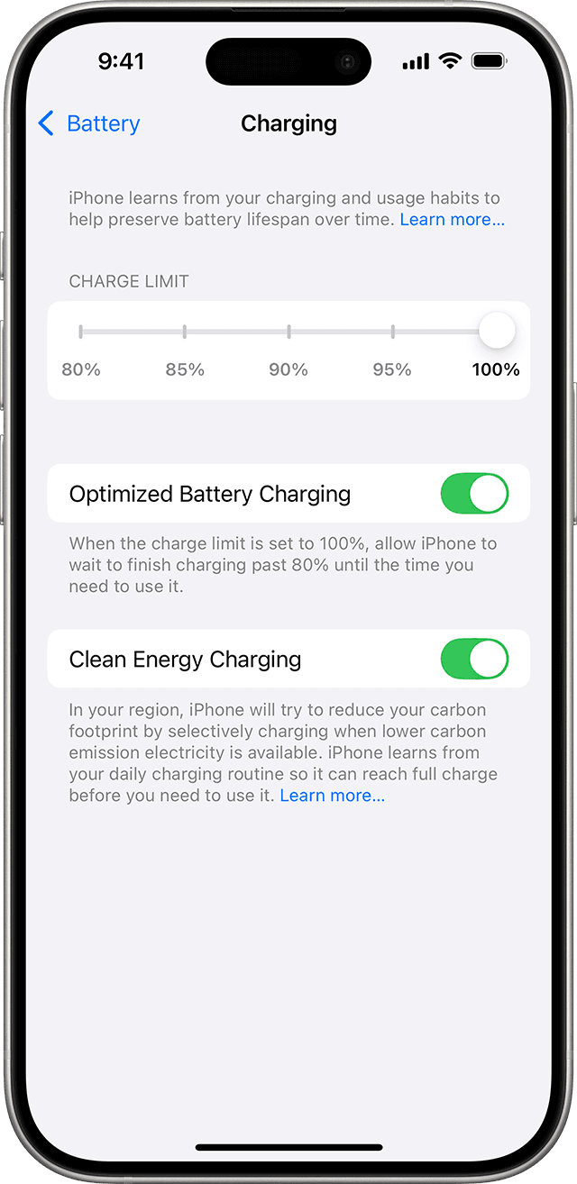 Экран Charging Limit на iPhone